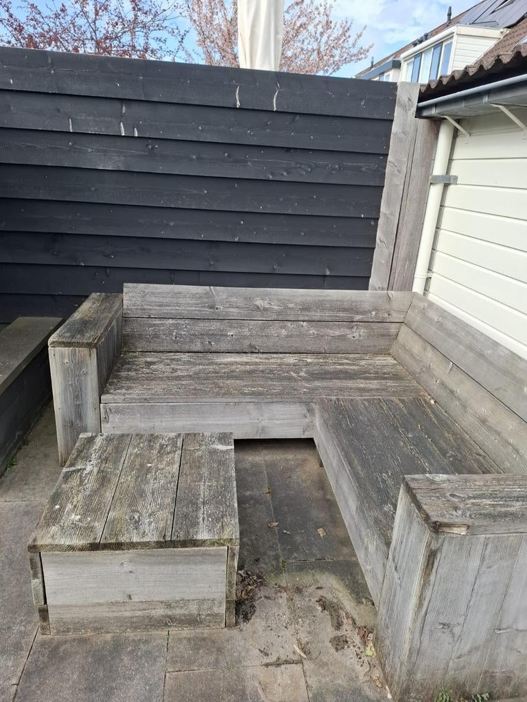 Steigerhouten tuinbank met kussens en tafel, Tuin en Terras, Ophalen, Gebruikt, Hout