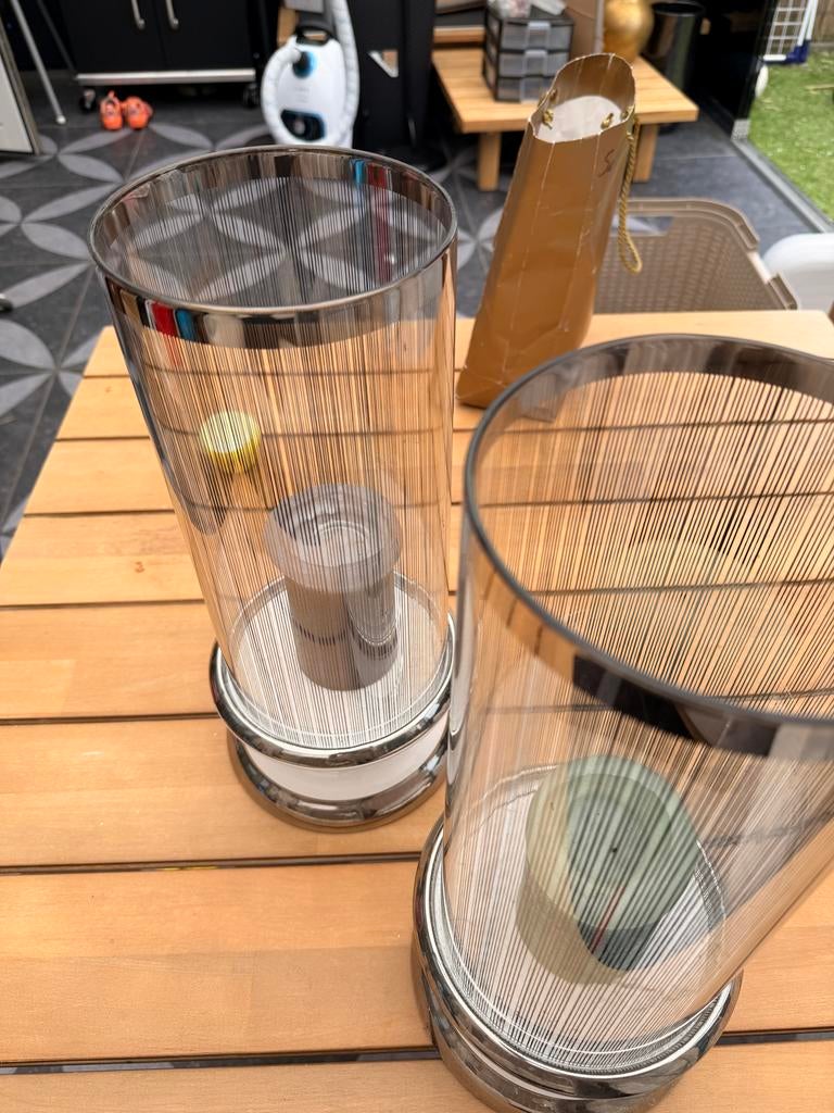 Set van 2 moderne kaarshouders / windlichten, Ophalen, Gebruikt, 25 tot 50 cm, Metaal