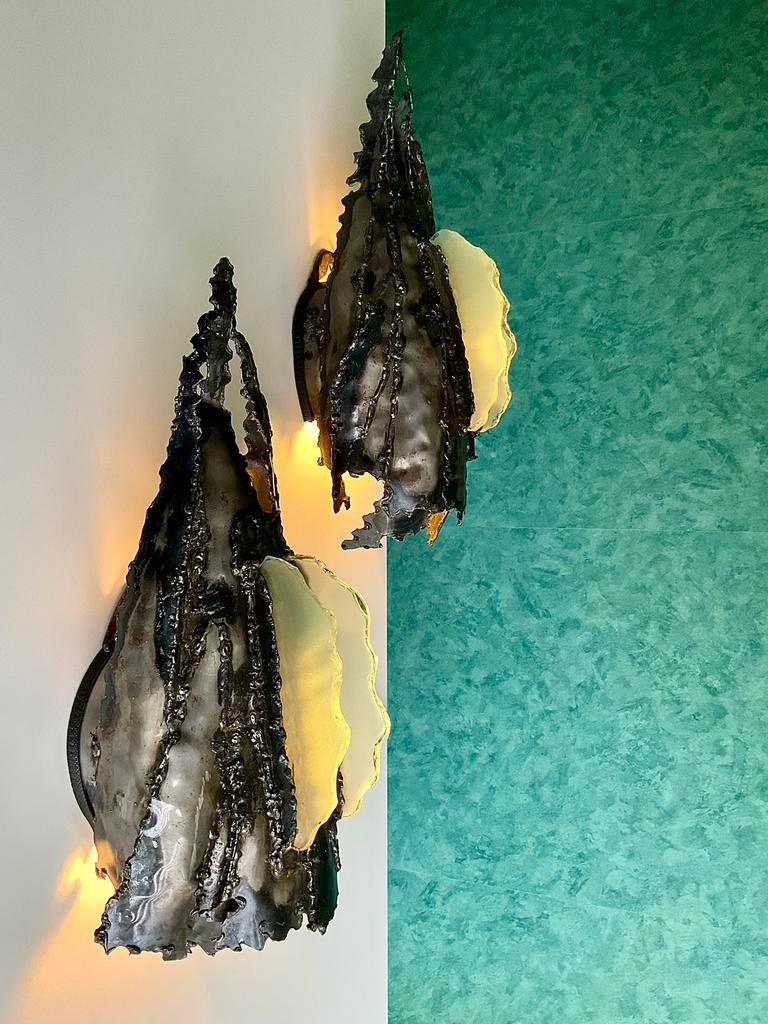 2 Unieke Sets Vintage 60’s Brutalist Wandlampen Staal/glas, Ophalen of Verzenden, Zo goed als nieuw