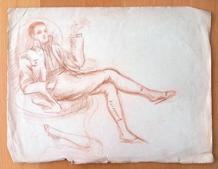 A493-11 Oude tekening Rokende Dandy in stoel - met watermerk, Antiek en Kunst, Kunst | Tekeningen en Foto's, Ophalen of Verzenden