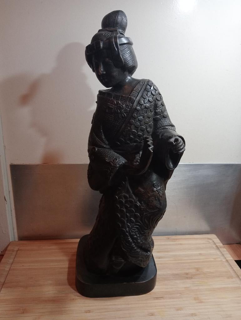 Geisha bronzen beeld 45 cm groot Japanse dame met waaier, Antiek en Kunst, Ophalen