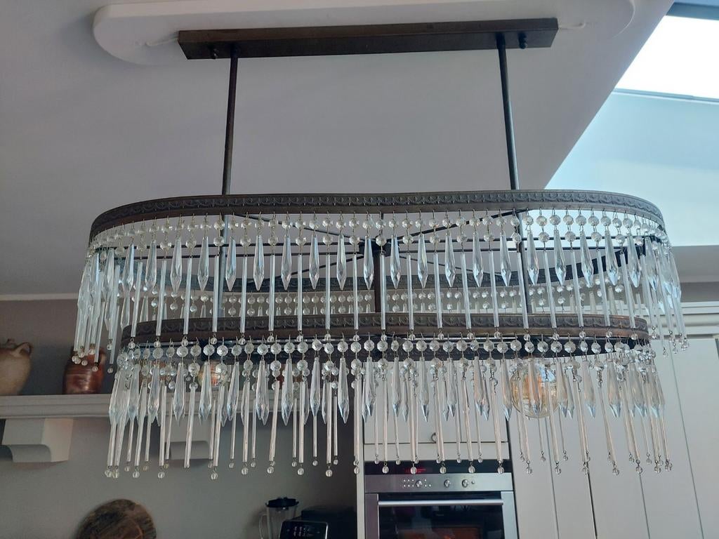 Prachtige ovale kroonluchter met kristallen, Ophalen of Verzenden, Zo goed als nieuw, Glas, Klassiek, Glamour