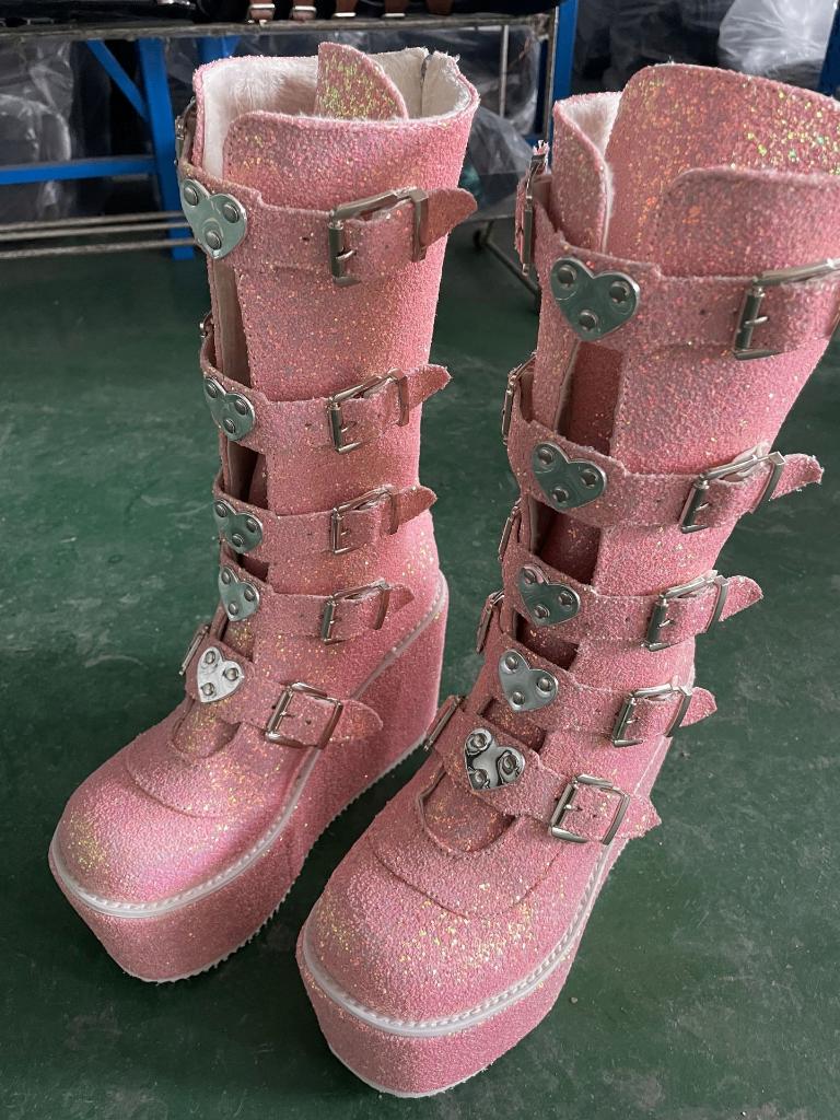 Hoge roze glitter platform dames laarzen met gespen vrouwen, Verzenden, Nieuw, Roze, Hoge laarzen