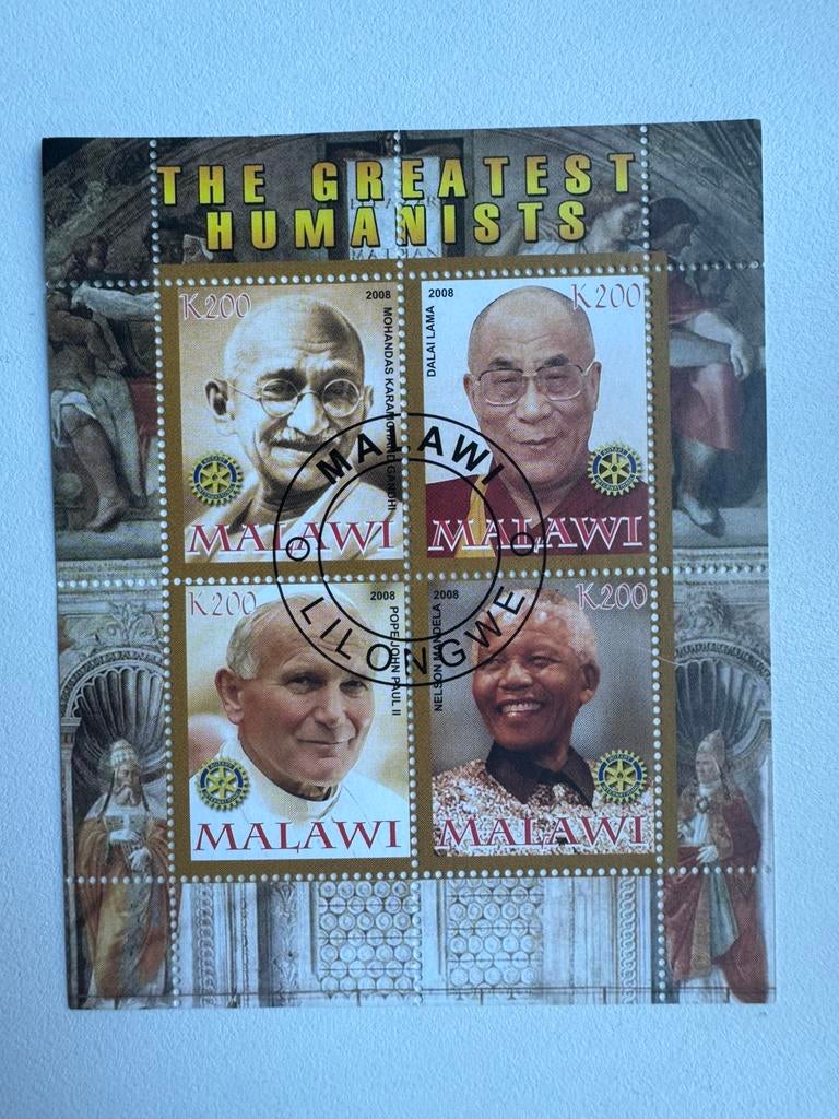 Malawi blok The Greatest Humanists, Postzegels en Munten, Ophalen of Verzenden, Gestempeld