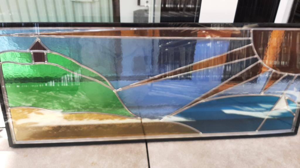Prachtig Glas-in-lood Kunstwerk - Zeegezicht met Zon, Antiek en Kunst, Ophalen of Verzenden