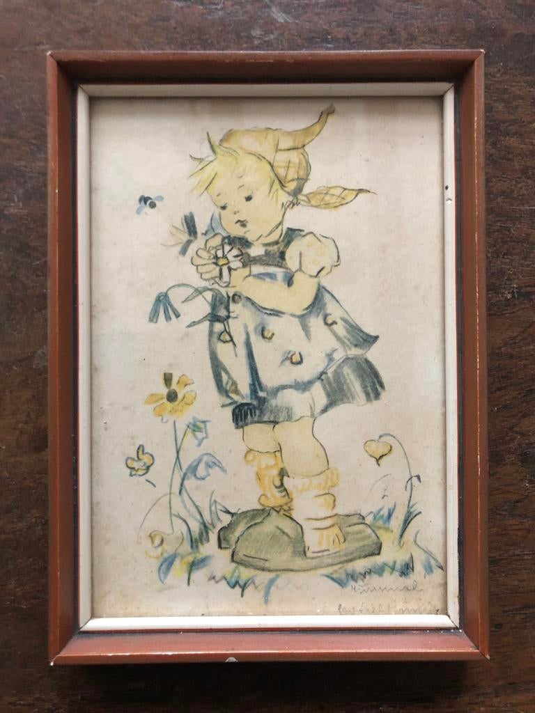 Vintage Hummel-stijl tekening van meisje met bloemen, Ophalen of Verzenden, Overige onderwerpen