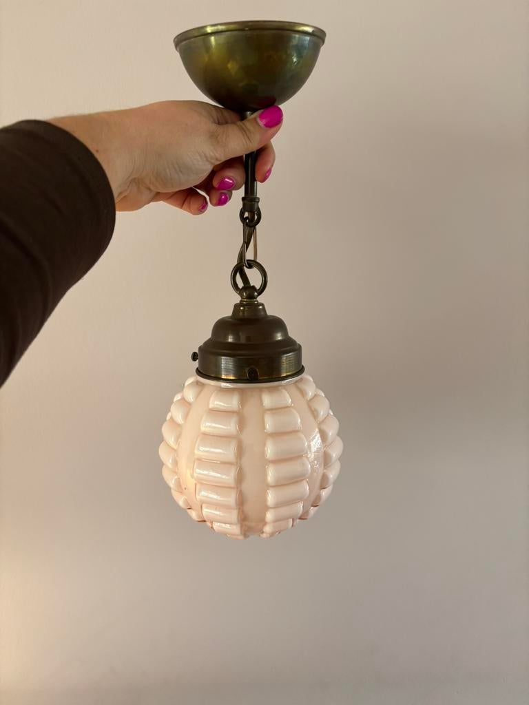 Vintage Artdeco roze melkglas hanglamp, *, Gebruikt, Verzenden, *
