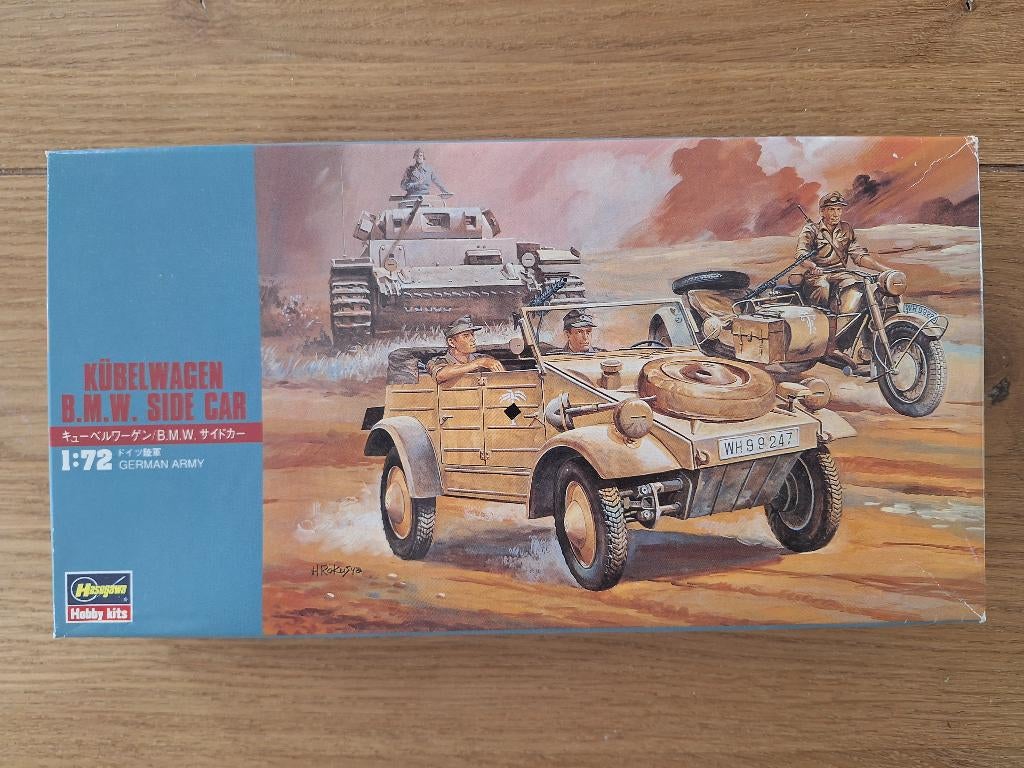 1:72 1/72 Hasegawa Kubelwagen B.M.W. Side Car, Hobby en Vrije tijd, Modelbouw | Auto's en Voertuigen, Zo goed als nieuw, Overige typen
