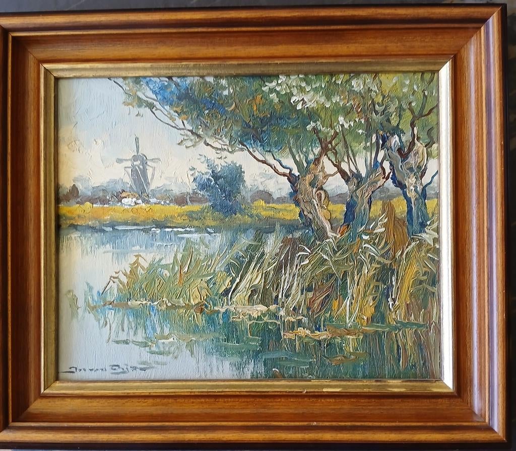 Schilderij Jos van Dijk - Hollands Landschap met Molen, Antiek en Kunst, Ophalen