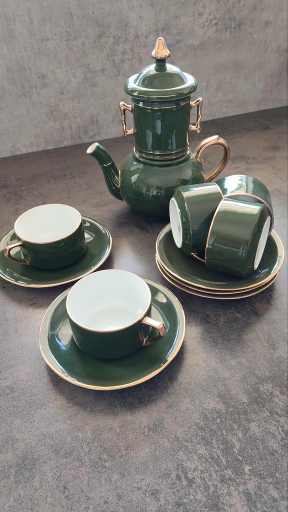 Antiek Walküre Koffieservies - 9 Kopjes & Pot, Groen/Goud, Antiek en Kunst, Antiek | Servies compleet, Ophalen