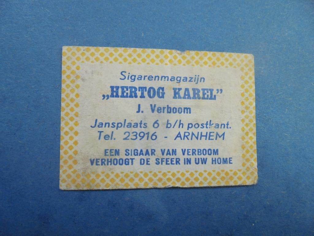 Oud lucifermerk Sigarenmag. Hertog Karel ARNHEM J. Verboom, Ophalen of Verzenden, Zo goed als nieuw, Sigarenbandjes