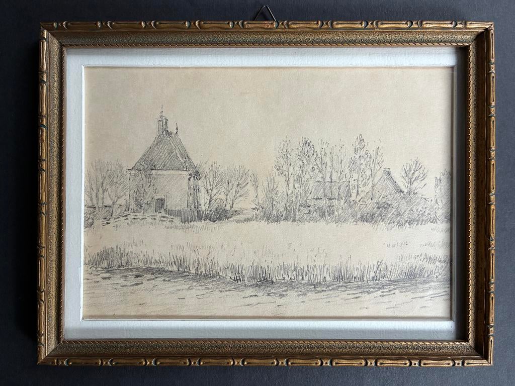 Mooie kleine potlood tekening van Schardam door Karel Bous, Antiek en Kunst, Ophalen