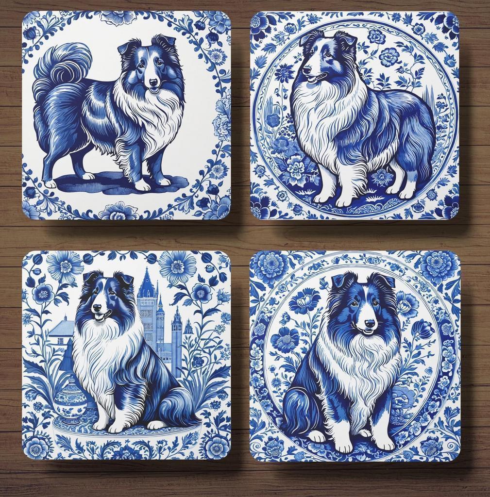 Sheltie Delfts Blauw onderzetters met houder, Ophalen of Verzenden, Nieuw, Glas of Kopje