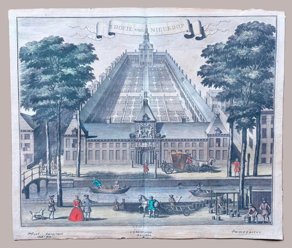 (ca. 1730) Hofje van Nieuwkoop, Den Haag - Reinier Boitet, 31 cm, Verzenden, Stadsgezicht, Handgekleurd