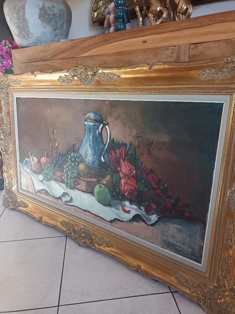 Schilderij bloemen/druiven , prachtig stuk , groot, 1964., Antiek en Kunst, Ophalen