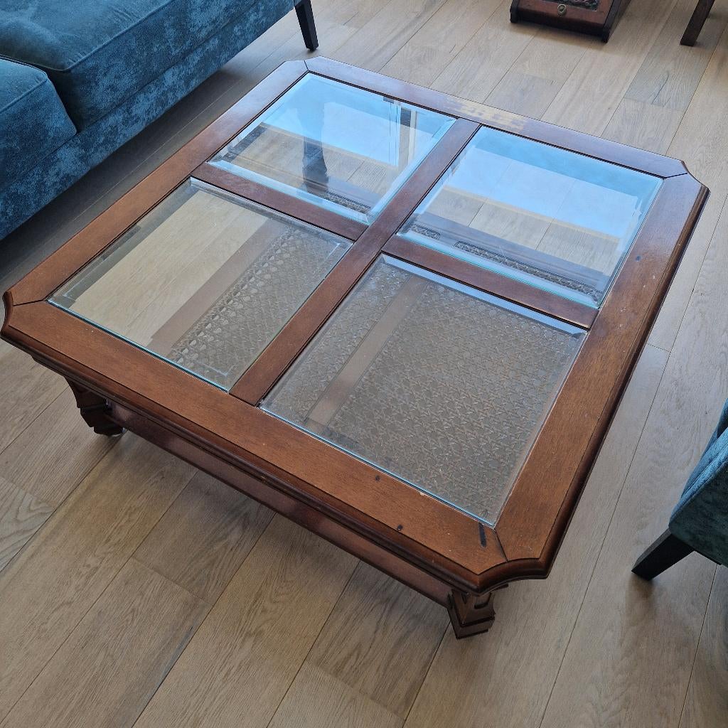 Vierkante donkereiken salontafel met facet glazen platen 75, Huis en Inrichting, Tafels | Salontafels, Ophalen, Glas, Gebruikt