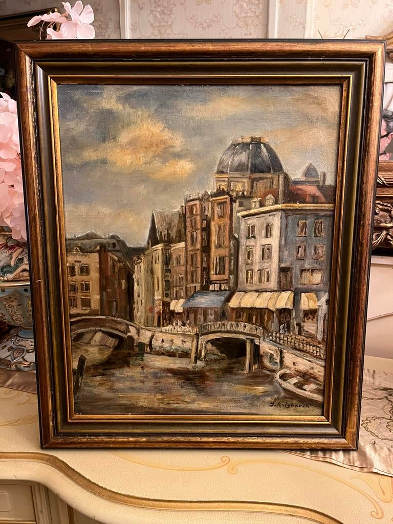 Antiek olieverf stadsgezicht schilderij, Antiek en Kunst, Ophalen of Verzenden