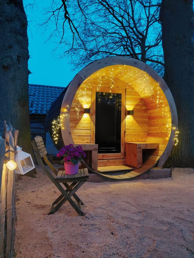 Barrelsauna XXL | Zeer mooie Lig Sauna | Ø2,16x2,82m, Ophalen, Zo goed als nieuw, Fins of Traditioneel, Complete sauna