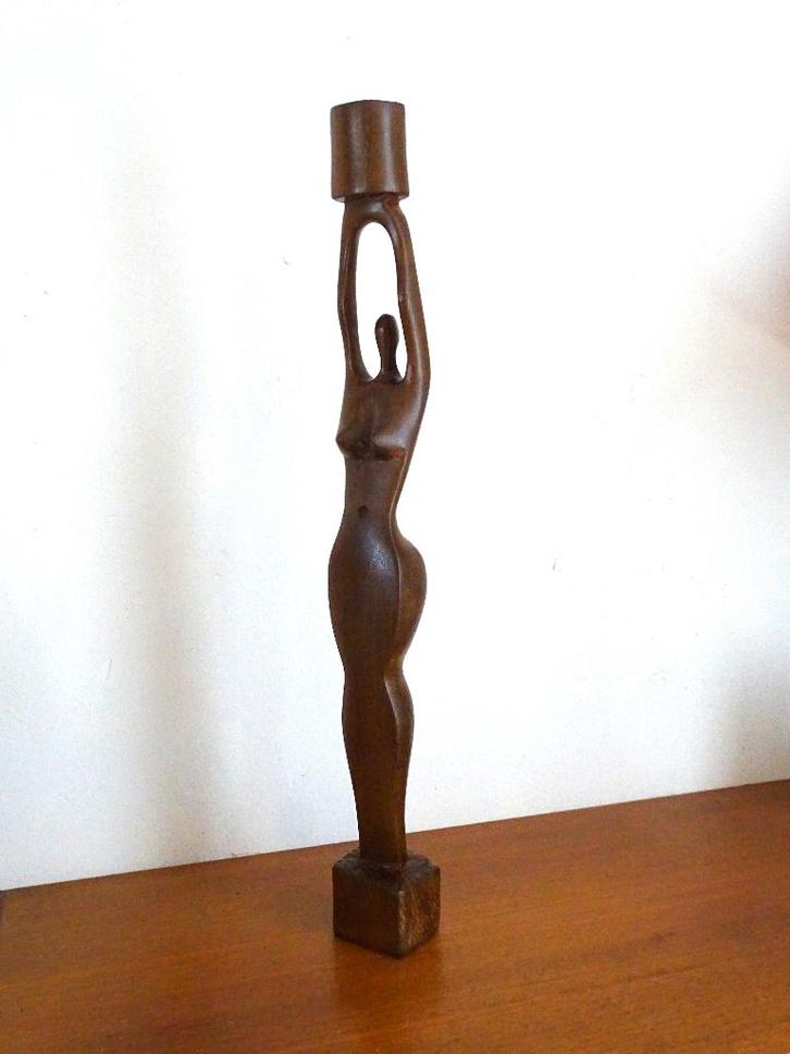 Handgesneden houten beeld kandelaar uit Aburi Ghana, Antiek en Kunst, Kunst | Beelden en Houtsnijwerken, Ophalen of Verzenden