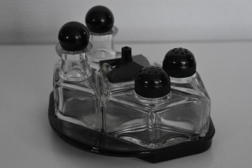 Jaren 60 - 70 glazen peper zout mosterd olie azijn retro set, Antiek en Kunst, Antiek | Glas en Kristal, Ophalen of Verzenden