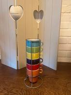 PT, regenboog cappuccino kopjes set met houder, Huis en Inrichting, Keuken | Servies, Keramiek, Ophalen of Verzenden, Zo goed als nieuw