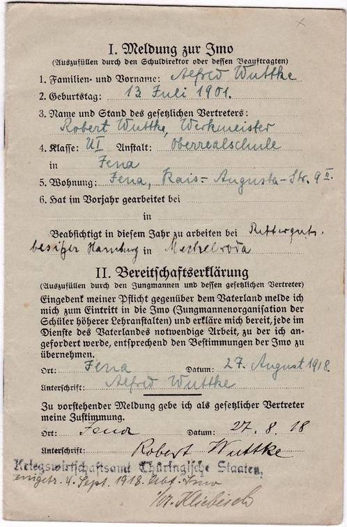 aanmelding J.M.O. (Jungmannen-organisation) WOI-1918., Verzamelen, Militaria | Tweede Wereldoorlog, Landmacht, Overige typen, Duitsland