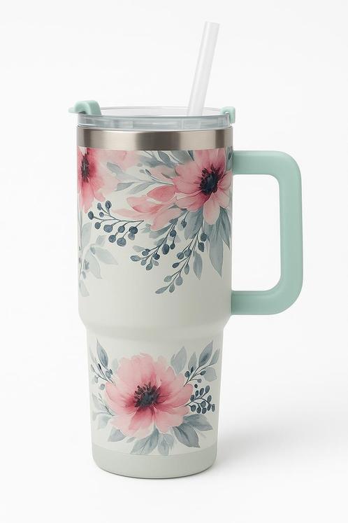 Floral RVS Beker met Rietje – €17,50, Sport en Fitness, Bidons, Nieuw, Ophalen of Verzenden