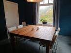 stevige tafel van tropisch hardhout met 8 rvs lederen stoele, Huis en Inrichting, Tafels | Eettafels, 200 cm of meer, Zo goed als nieuw