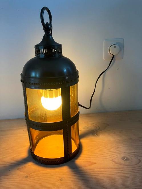 Antieke koperen hallamp, lantaarn, Amsterdamse school, Huis en Inrichting, Lampen | Hanglampen, Gebruikt, Minder dan 50 cm, Glas