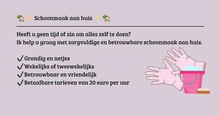Schoonmaakster aangeboden 📍Woerden en omgeving, Huis en Inrichting, Schoonmaakartikelen, Ophalen of Verzenden