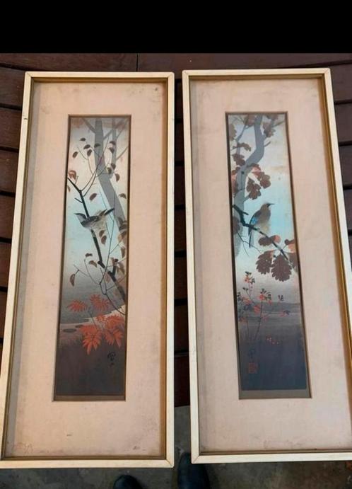 Houtdruk twee antieke Japanse houtdrukken met vogels, Antiek en Kunst, Kunst | Schilderijen | Klassiek, Ophalen of Verzenden
