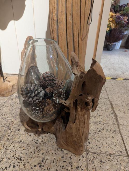 Vaas glas op hout 53cm, Huis en Inrichting, Woonaccessoires | Vazen, Nieuw, Overige kleuren, 50 tot 75 cm, Glas, Ophalen