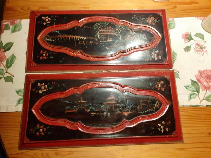2 Antieke Chinese Kastpanelen fraai geschilderd, uit ca 1890, Antiek en Kunst, Kunst | Niet-Westerse kunst, Ophalen of Verzenden