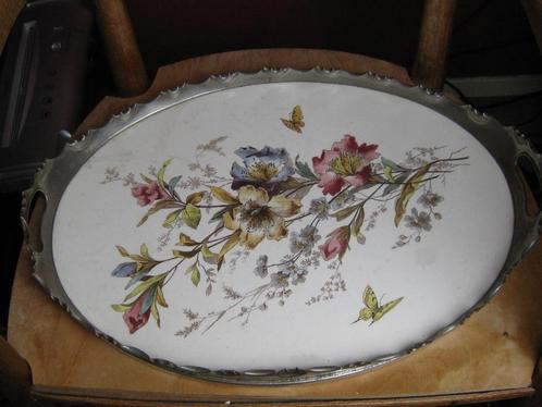 Porselein dienblad bloemen vlinders oud Aegir, Antiek en Kunst, Curiosa en Brocante, Ophalen of Verzenden