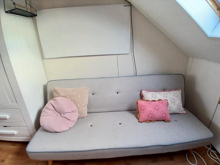 Slaapbank, Huis en Inrichting, Slaapkamer | Slaapbanken, Gebruikt, 120 cm, 190 cm of minder, Tweepersoons, Crème, Grijs, Ophalen