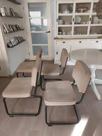 Zandkleurige ribstof eetkamerstoelen met zwarte poten, Huis en Inrichting, Stoelen, Ophalen, Gebruikt, Modern, Vier