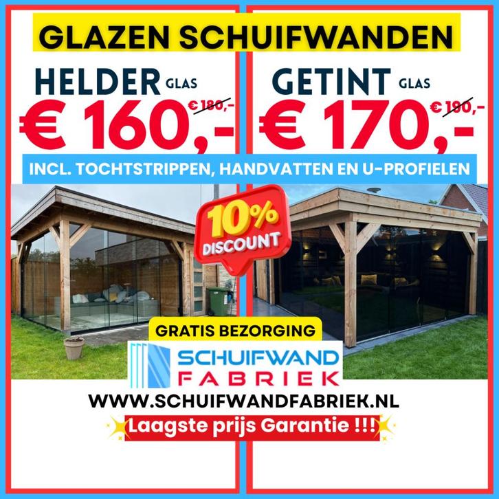 GLAZEN SCHUIFWANDEN € 160 HELDER GLAS € 170 GETINT GLAS, Tuin en Terras, Overkappingen, Nieuw, Serre, Ophalen of Verzenden