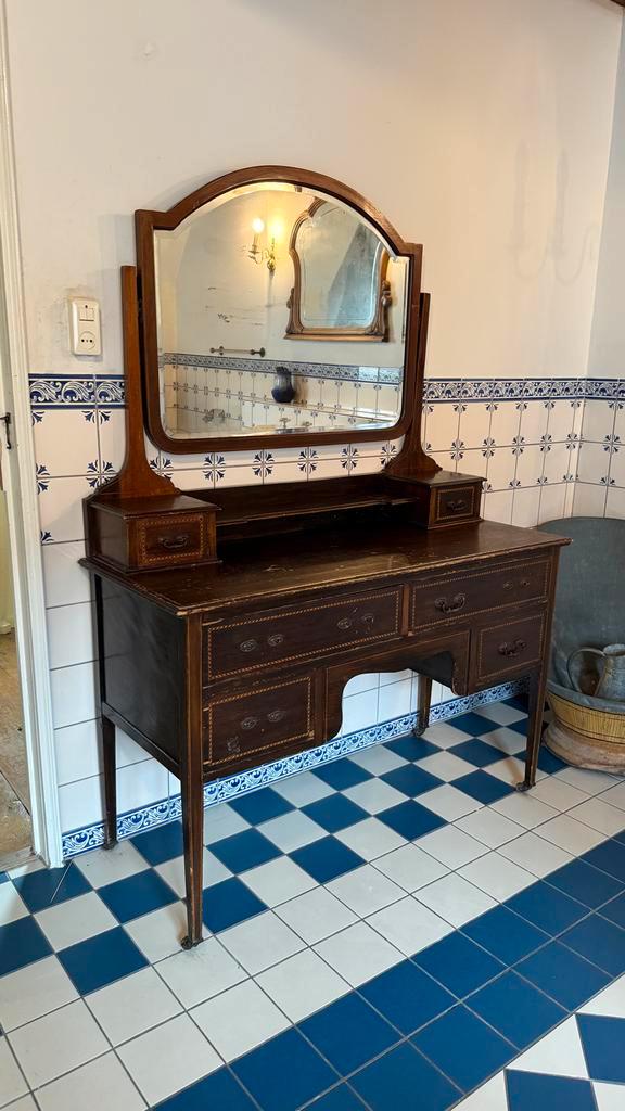 Antieke Houten Kaptafel met Spiegel, Huis en Inrichting, Kasten | Dressoirs, Gebruikt, 100 tot 150 cm, 50 tot 75 cm, Met lade(s)
