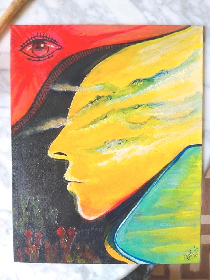 Schilderijtje 30x25 - Abstract Portret "Eye-dentity", Antiek en Kunst, Kunst | Schilderijen | Abstract, Ophalen of Verzenden