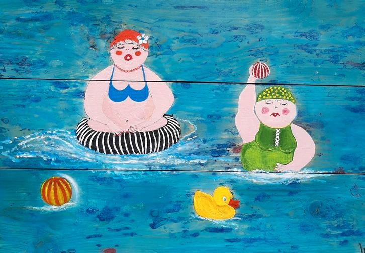Dikke Dames in Zwembad - Houten Schilderij, Antiek en Kunst, Kunst | Schilderijen | Klassiek, Ophalen of Verzenden