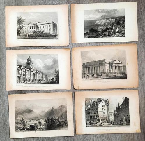 Oude prenten (6 stuks): Edinburgh (4) Lake Nemi en Luzern, Antiek en Kunst, Kunst | Etsen en Gravures, Ophalen of Verzenden