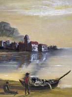 Klassiek Schilderij Kustlandschap Ingelijst Olieverf Doek Ku, Ophalen of Verzenden