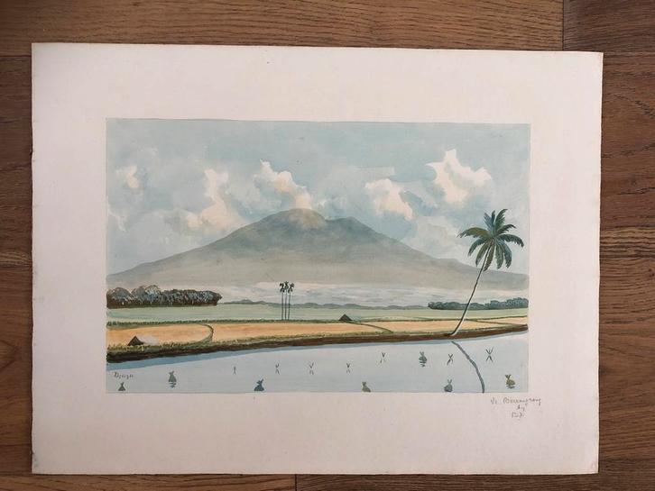 Indonesië aquarel: Boerangrang, Antiek en Kunst, Kunst | Tekeningen en Foto's, Ophalen of Verzenden