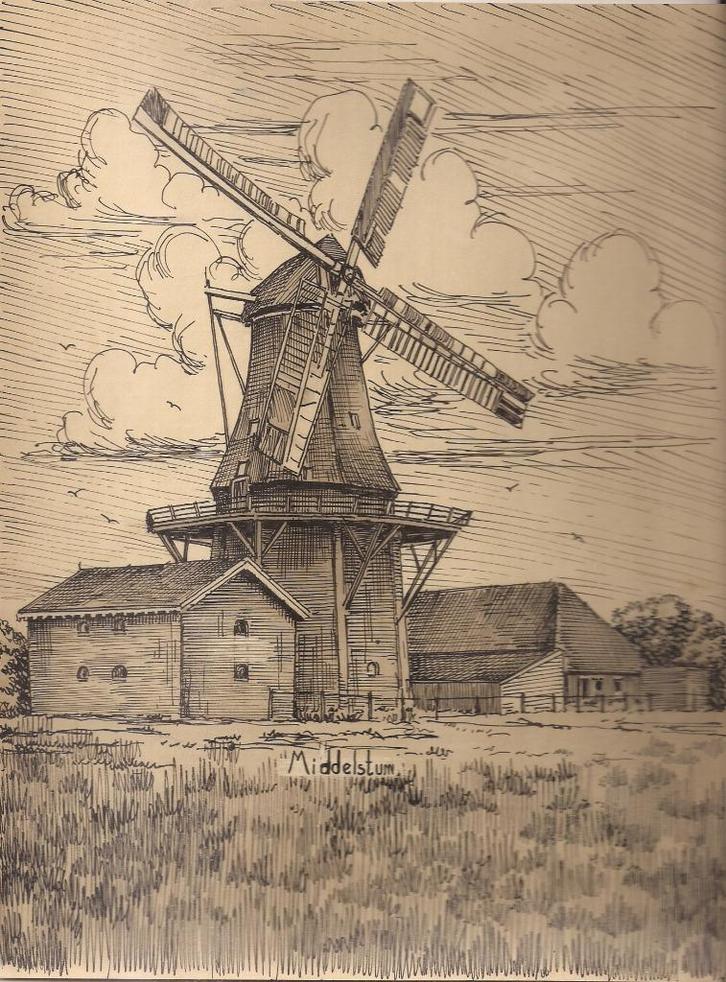 Middelstum Molen Tekening Sievers 50 / 60er jaren, Antiek en Kunst, Kunst | Tekeningen en Foto's, Ophalen of Verzenden