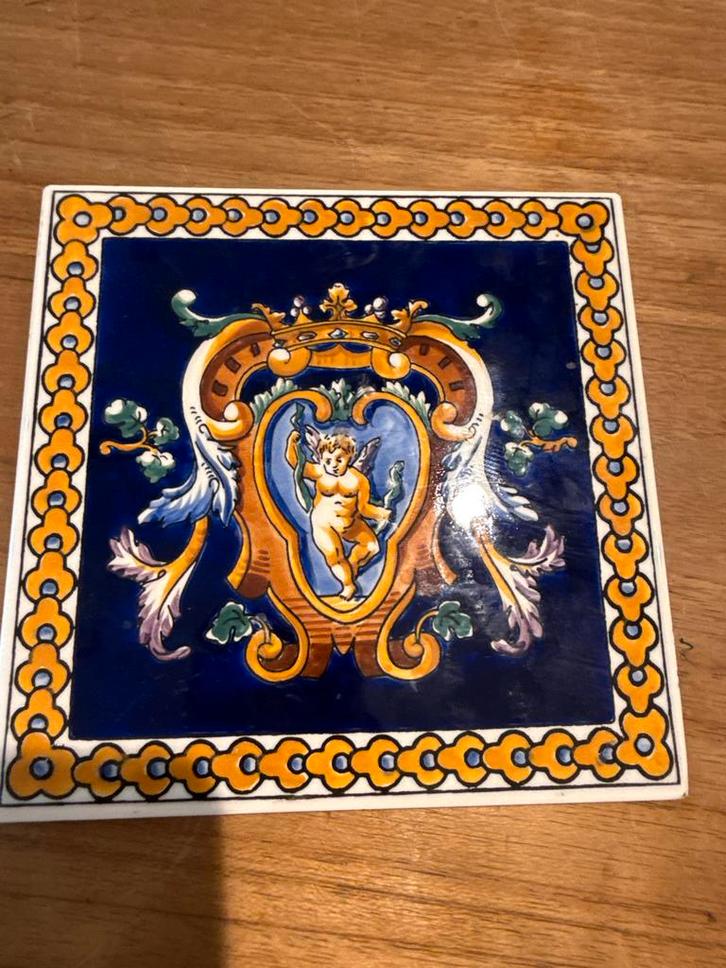 Antieke Franse Gien Tegel met Engel, Antiek en Kunst, Antiek | Wandborden en Tegels, Ophalen of Verzenden