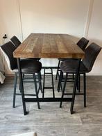 Industriële houten bartafel 140x80x110 + 4 leren stoelen, Huis en Inrichting, Tafels | Eettafels, 100 tot 150 cm, Zo goed als nieuw