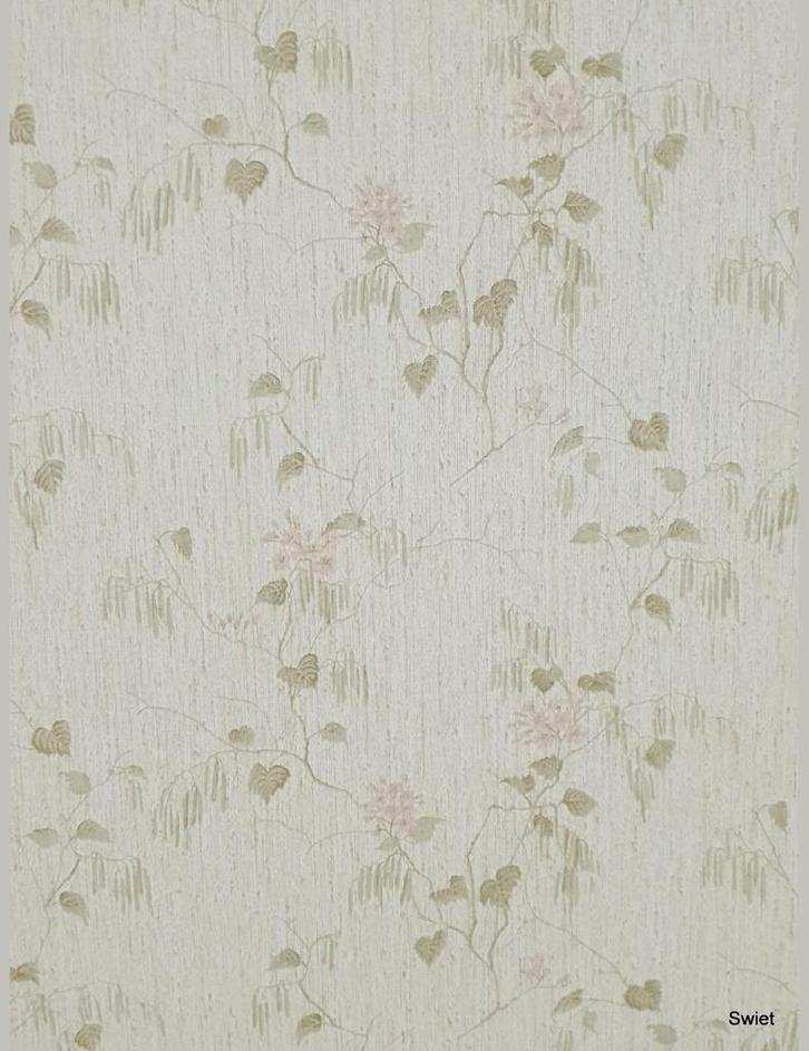 13937 Jaren 70 behang met takjes op jutelook  swiet  vintage, Huis en Inrichting, Stoffering | Behang, Beige, Roze, Verzenden