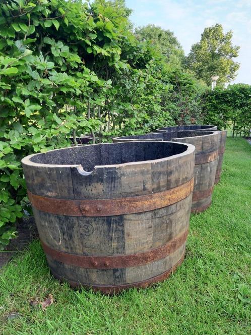 Whiskeyvat Eikenhouten Bloembak Houten Vat  100 liter, Tuin en Terras, Bloembakken en Plantenbakken, Nieuw, Hout, Balkon, Tuin