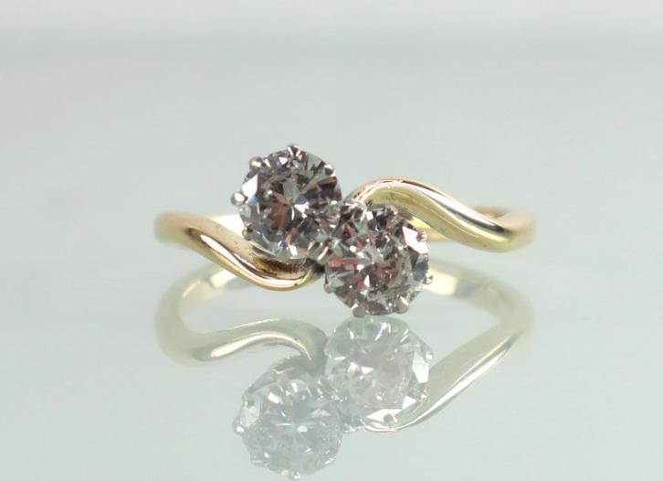 Art Deco goud platina Toi et Moi ring diamanten, Sieraden, Tassen en Uiterlijk, Antieke sieraden, Ring, Goud, Met edelsteen, Ophalen of Verzenden