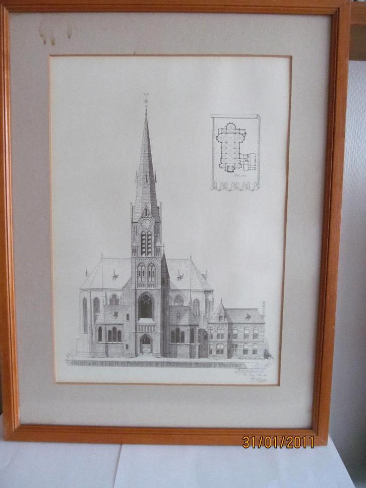 Ontwerp Tekening R.K. Kerk  pastorie Willibrordus Parochie, Antiek en Kunst, Kunst | Etsen en Gravures, Ophalen